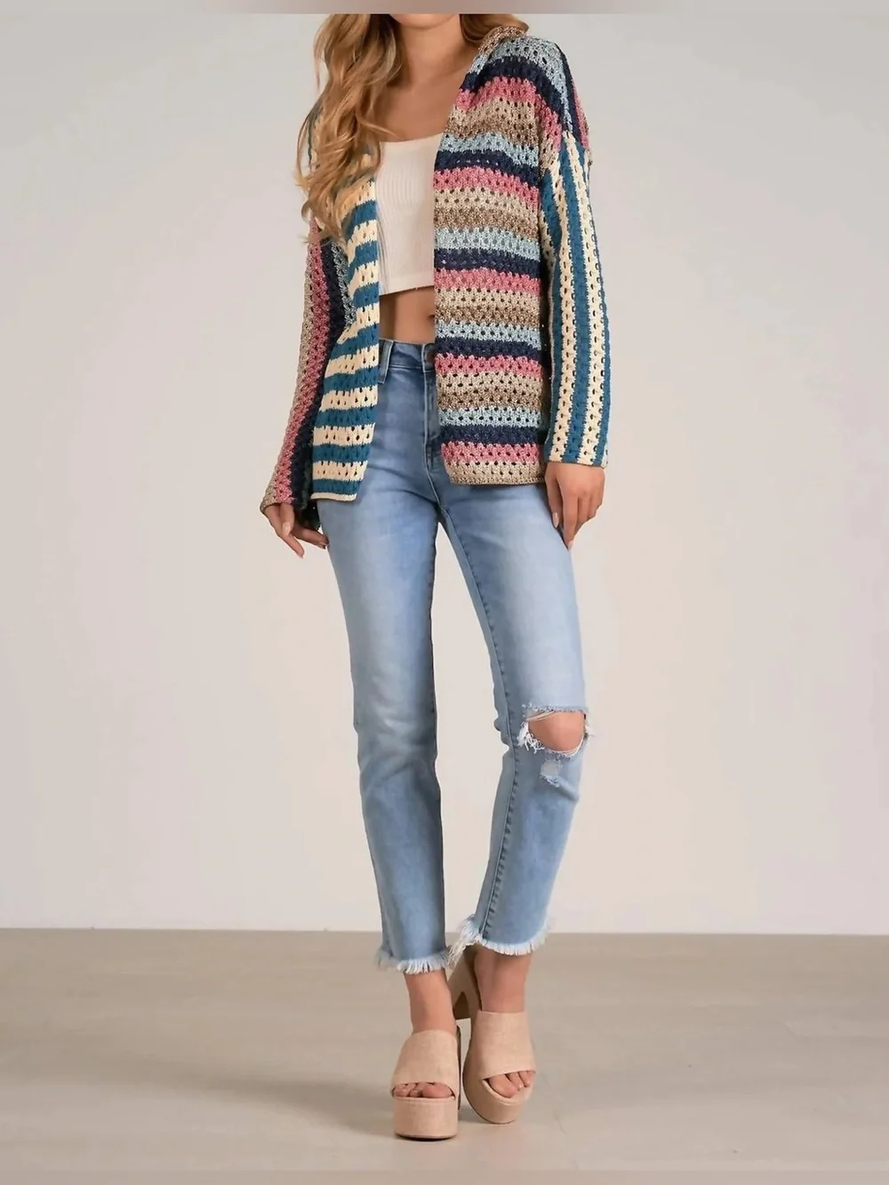 Elan Crochet Sweater Cardigan Sz L Metallic Hooded Hippie Boho Open Front Cozy
